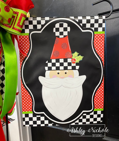 Santa - Checkered with Red Glitter Dots - Vinyl Garden Flag