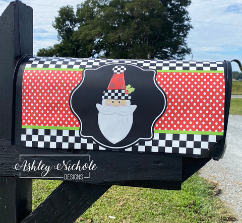 Santa - Checkered with Red Glitter Dots - Magnetic Vinyl Mailbox Cover