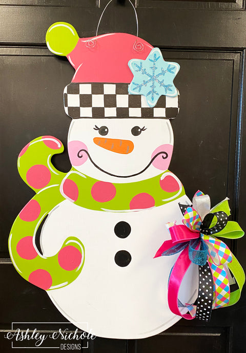 Snowman - Checkered GIRL Version Door Hanger (Hand Painted)