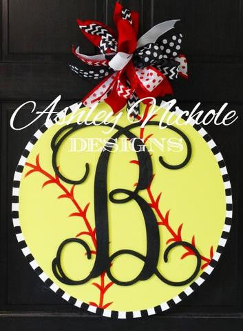 Softball with Monogram Door Hanger