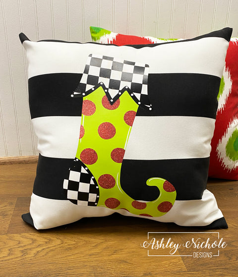 Custom Pillow - Glittered & Whimsical Christmas Stocking on Black & White Stripe Outdoor Fabric