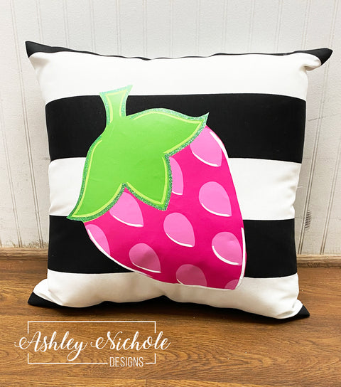 Custom Pillow - Strawberry - Pink on Black & White Stripe Outdoor Fabric