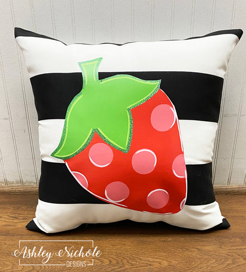 Custom Pillow - Strawberry - Red on Black & White Stripe Outdoor Fabric