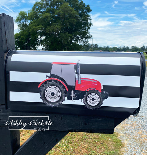 Tractor (Red) Striped - Magnetic Vinyl Mailbox Cover