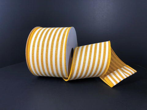 Sunflower Yellow & Ivory Cabana Stripe Wired Ribbon - 2.5" x 10yds