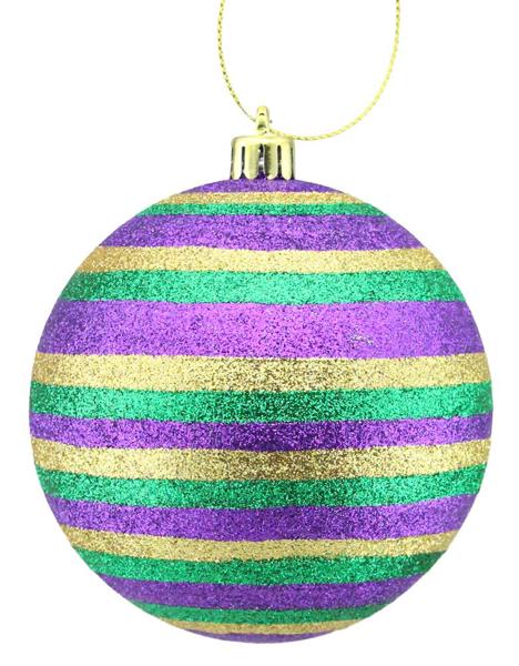 100mm Horizontal Stripe Mardi Gras Glitter Ball Ornament
