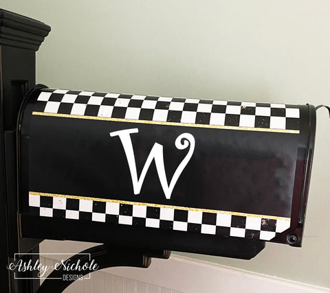 Black & White Checkered with Gold -Curlz Font INITIAL - Magnetic Vinyl Mailbox Cover