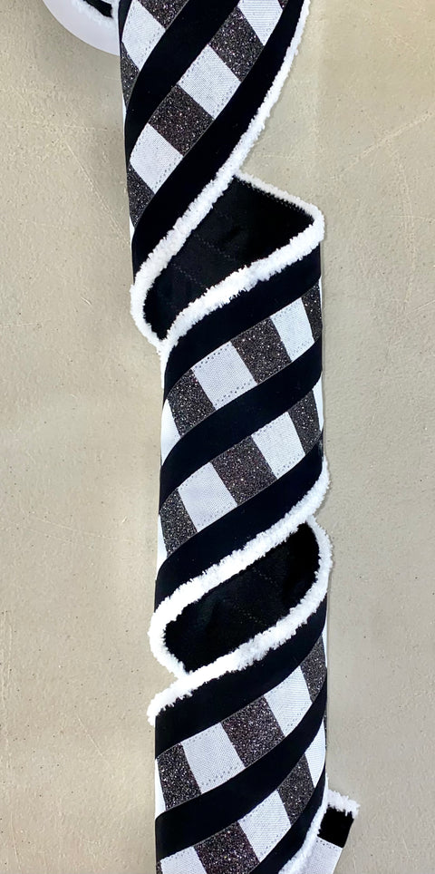 Fur Edge Checked Striped Velvet Wired Edge Ribbon - 4" - 10 YDS