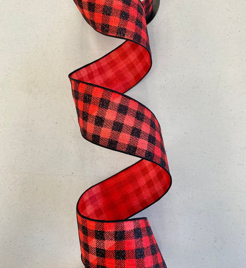Black & Red Glitter Buffalo Check Wired Ribbon - 2.5" x 10yds
