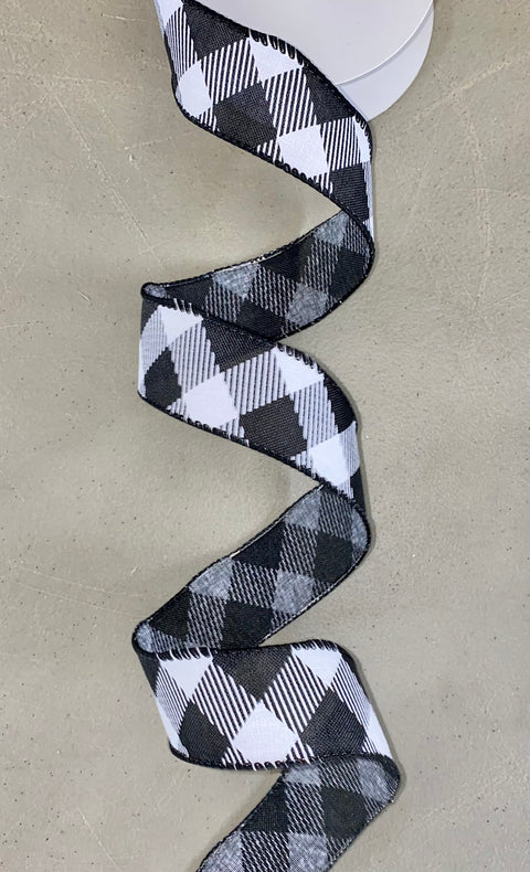Black and White Diagonal Checkered Wired Ribbon - 1.5"x10Yds