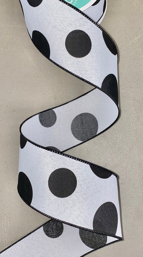 Large Black Polka Dots on White Linen Wired Ribbon - 2.5" x 10yds