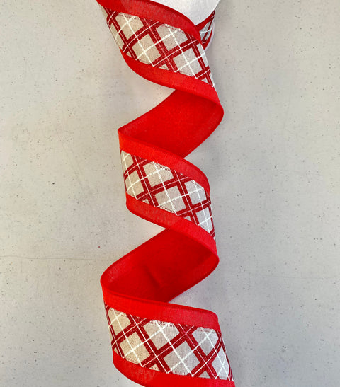 Red & Neutral Plaid Wired Ribbon - 2.5" x 10yds