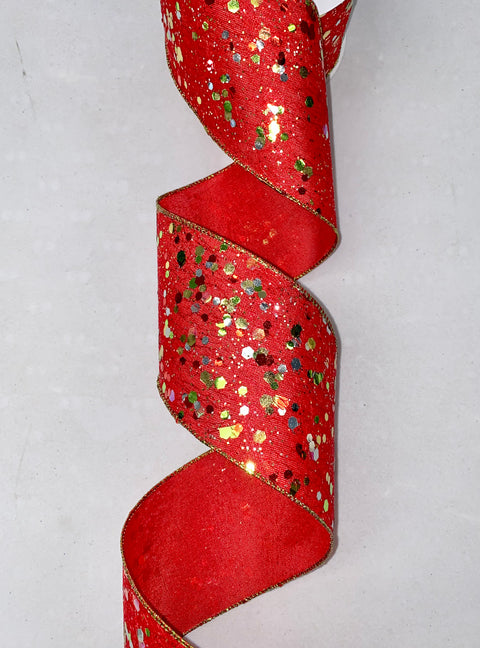 Chunky Glitter Confetti Red w/ Green Edge Wired Edge - 4" x 10yds