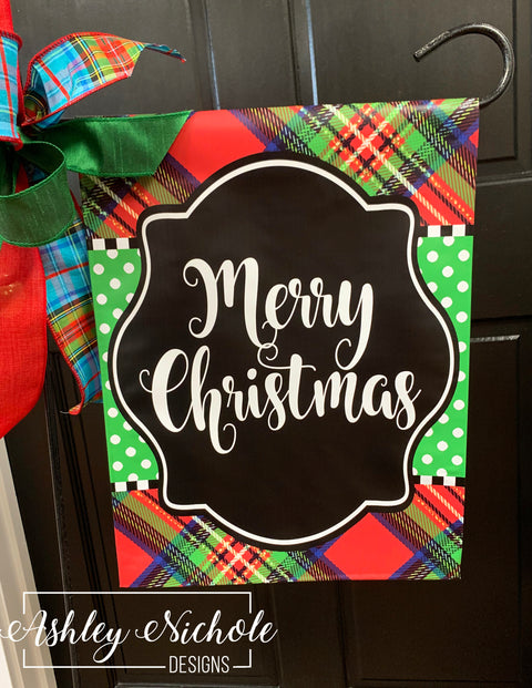 Plaid Red & Green Merry Christmas - Vinyl Garden Flag