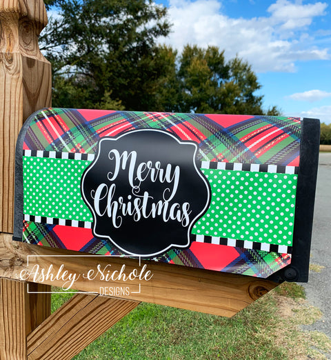 Plaid Red & Green Merry Christmas - Magnetic Vinyl Mailbox Cover
