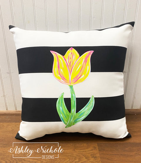 Custom Pillow - Tulip Flower on Black & White Stripe Outdoor Fabric