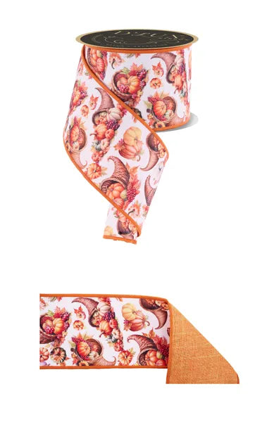 Fall Cornucopias w/ Orange Fused Backing Wired Ribbon - 4" x 10yds