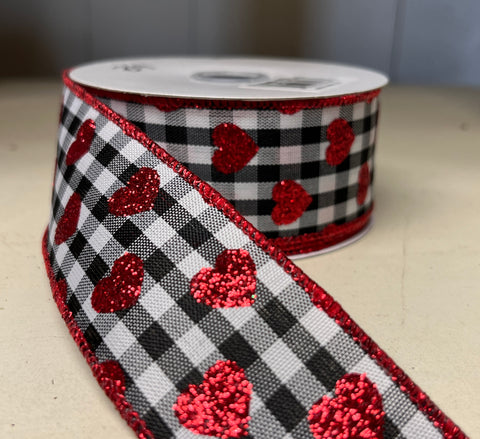 Red Glitter Hearts on Gingham Wired Ribbon - 1.5” x 10yds