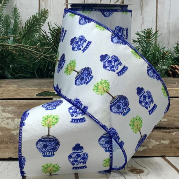 Blue & White Grosgrain Printed Urns Wired Ribbon - 4