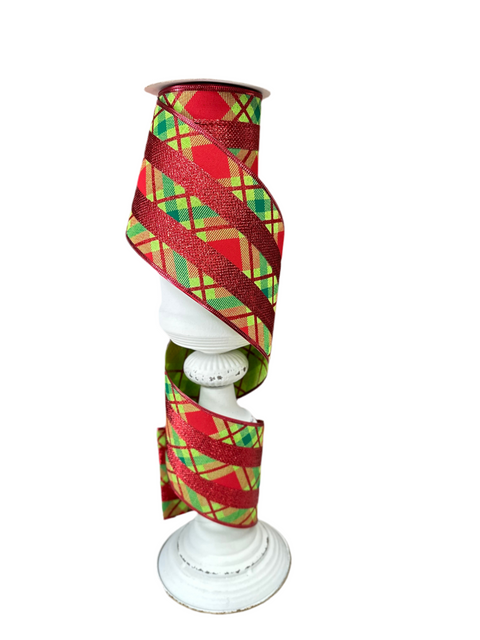Lime, Red & Emerald Plaid w/ Red Metallic Stripes Wired Ribbon - 4” x 10yds