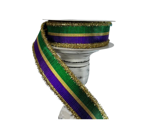 Green/Purple/Gold Metallic Mardi Gras Stripe w/Tinsel Edge Wired ribbon 1.5"x10Y