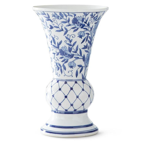 14 Inch Porcelain Blue and White Chinoiserie Fluted Vase