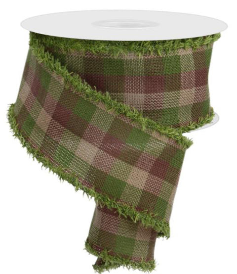 Brown, Tan & Moss Green Plaid w/ Green Fuzzy Edge Wired Ribbon - 2.5" x 10yds