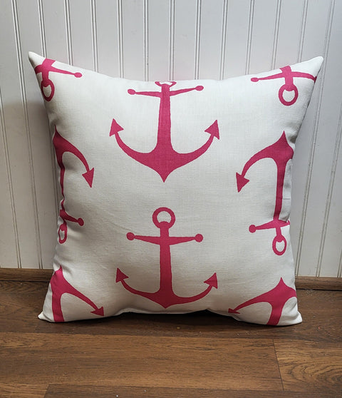 Outdoor Pillow - White with Candy Pink Anchors