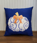 Custom Pillow - Elegant Fall Chinoiserie Pumpkin on Cobalt Blue Outdoor Fabric