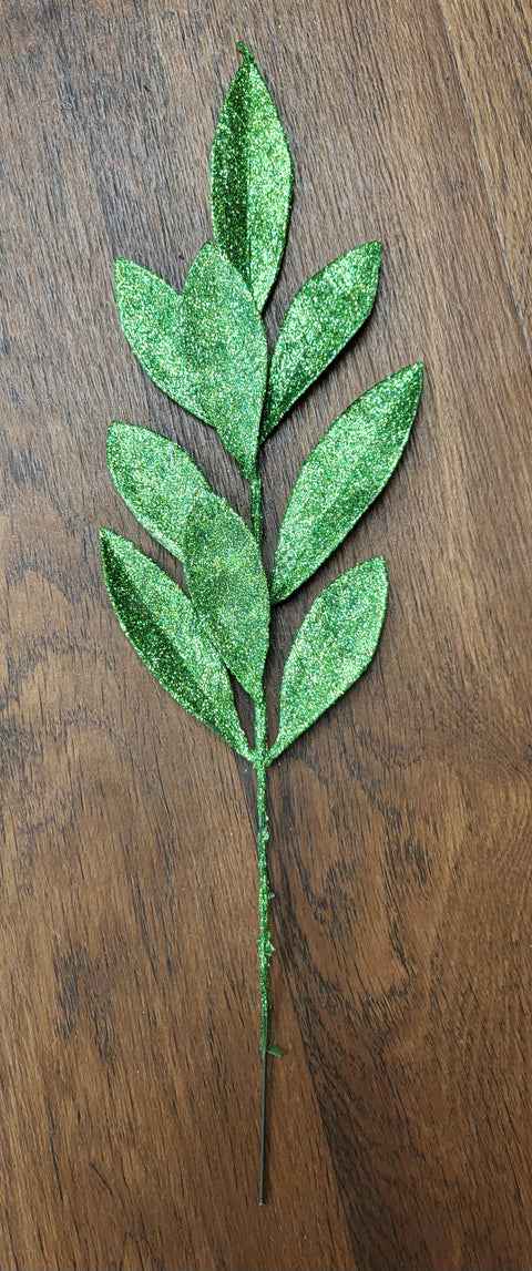 15" Plastic Glittered Bay Leaf Picks - Emerald Green