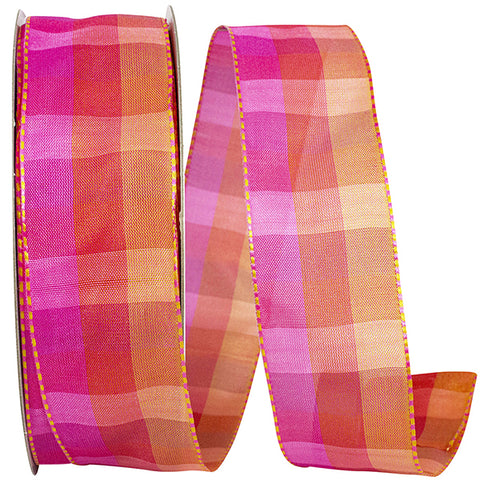 Bright Pink  & Orange Plaid Wired Ribbon - 1.5" x 50yds