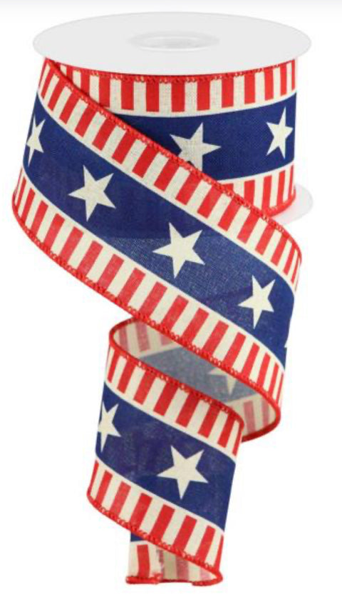 Red & Cream Striped Edge w/ Royal & Star Center Wired Ribbon - 2.5 x 10yds