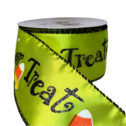 Trick or Treat Candycorn On Lime Green Satin Wired Ribbon - 2.5" x 25yds
