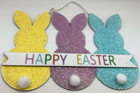16″ Glittered Easter Bunny Wood Wall Hanging - Yellow/Purple/Blue