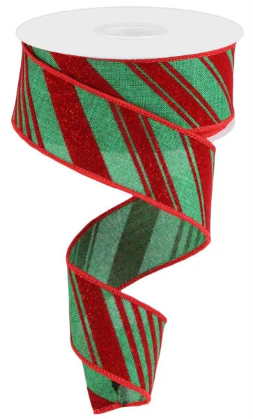 Emerald & Red Glitter Velvet Diagonal Stripes Wired Ribbon - 1.5" x 100ft