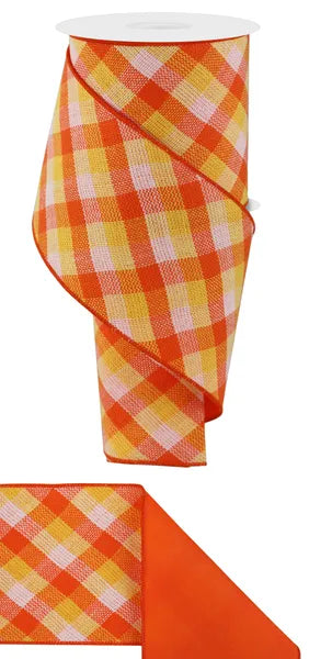 Orange, Yellow & White Diagonal Woven Plaid Wired Ribbon - 4" x 10yds