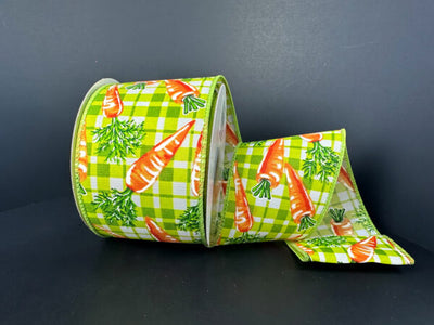 Lime Green Plaid W/ Carrots Wired Ribbon - 2.5" x 10yds