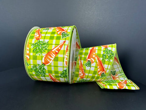 Lime Green Plaid W/ Carrots Wired Ribbon - 2.5" x 10yds