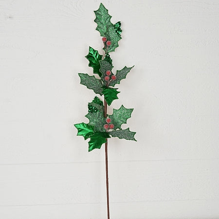 27" Metallic & Sugared Holly Leaf & Berry Spray - Green/Red
