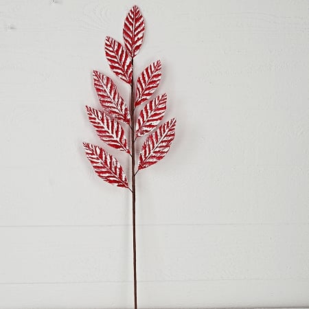 27" Velvet Magnolia Leaf Branch with Snowy Veins - Red