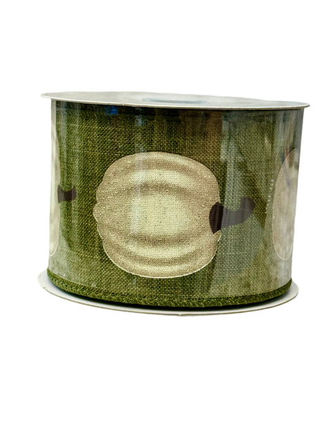 Moss Green Burlap w/ White Pumpkins Wired Ribbon - 2.5" x 10yds