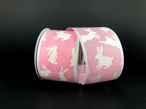 Pink Linen w/ White Rabbits Wired Ribbon - 2.5" x 10yds