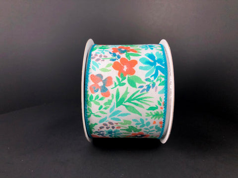 White Linen w/ Aqua & Coral Watercolor Flowers Wired Ribbon - 2.5" x 10yds