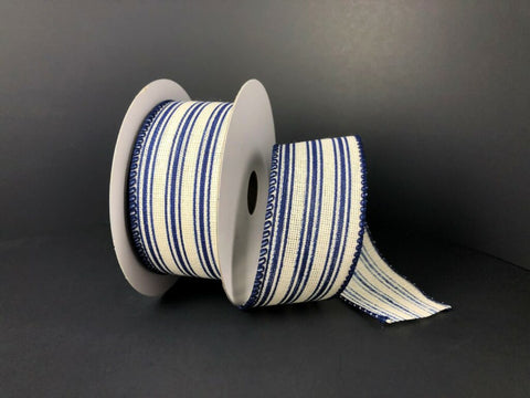 Cream & Navy Ticking Stripe Wired Ribbon - 1.5"x10Yds