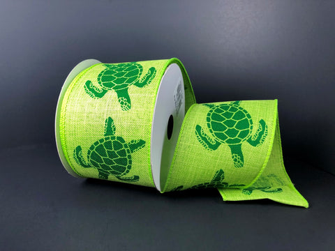 Lime Green Burlap w/ Green Turtles Wired Ribbon - 2.5" x 10yds