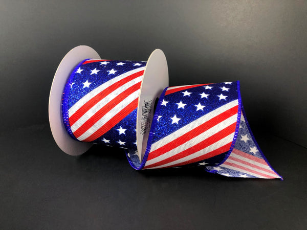 Glitter American Flag Wired Ribbon - 2.5