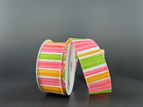 Orange, Pink & Green Striped Wired Ribbon - 1.5" x 10yds