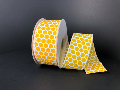 Yellow Satin w/ White Honeycomb Wired Ribbon - 1.5" x 10yds