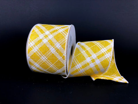 Sunflower Yellow Diagonal Plaid Wired Ribbon - 2.5" x 10yds