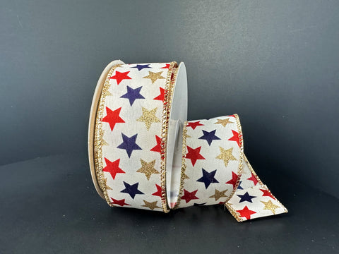 Ivory Satin w/ Red, Blue & Gold Glitter Stars Wired Ribbon - 1.5" x 10yds